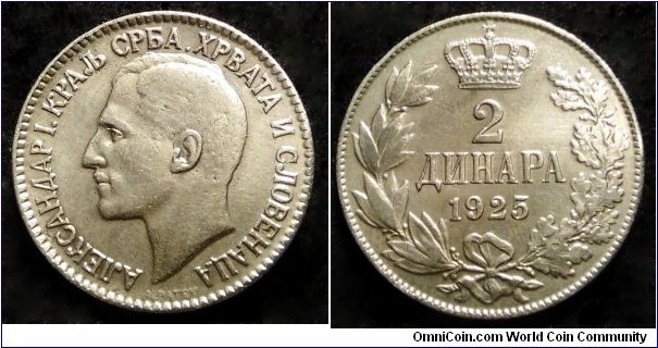 Kingdom of Serbs, Croats and Slovens 2 dinara. 1925, Mint Brussels.