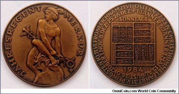 Austrian medal - Calendar 1984. Mercury. Design by Kurt Bodlak.