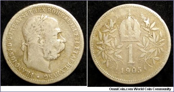 Austro-Hungarian Monarchy 1 corona. 1905, Austria. Ag 835. Scarcer year. Mintage: 505.000 pcs.