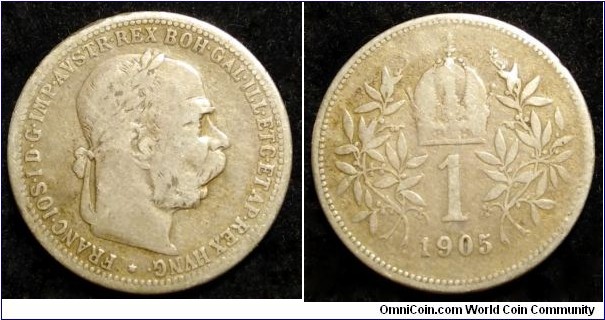 Austro-Hungarian Monarchy 1 corona. 1905, Austria. Ag 835. Scarcer year. Mintage: 505.000 pcs.