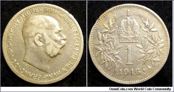 Austro-Hungarian Monarchy 1 corona. 1916, Austria. Ag 835.