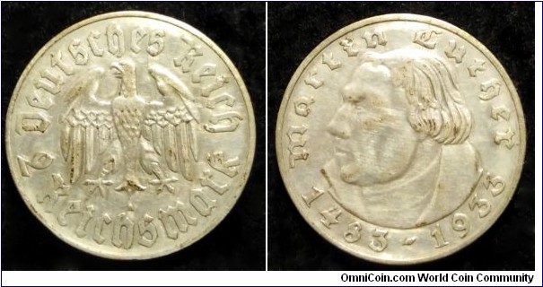 Germany (Third Reich) 2 reichsmark. 1933 A - Berlin. 450th Anniversary of Birth of Martin Luther. Ag 625.