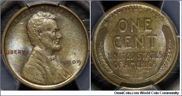 PCGS AU58BN 1909 VDB wheat cent