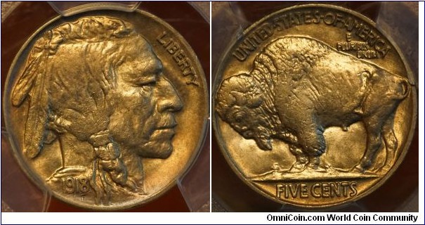 NGC AU58 1918 buffalo nickel, toned.