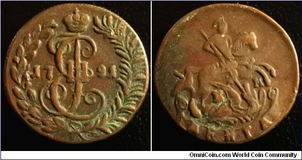 Russia 1791 denga. Mintmark KM. Scarce? Weight: 6.38g