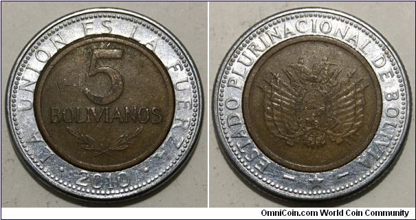 5 Bolivianos (Plurinational State of Bolivia / Bimetallic: Bronze plated Steel centre - Stainless Steel ring)