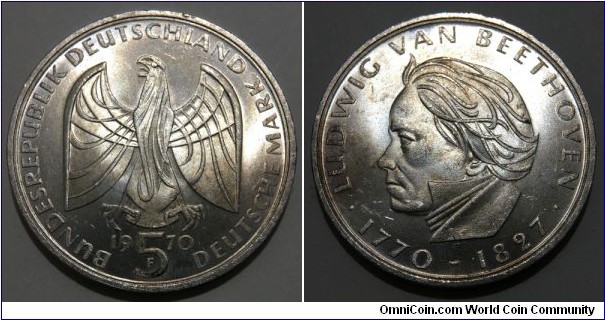 5 Deutsche Mark (West Germany - Federal Republic / 200th Anniversary of the birth of Ludwig van Beethoven // SILVER 0.625 / 11.2g / ⌀29mm) 