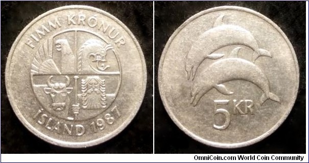 Iceland 5 krónur.
1987, Cu-ni.