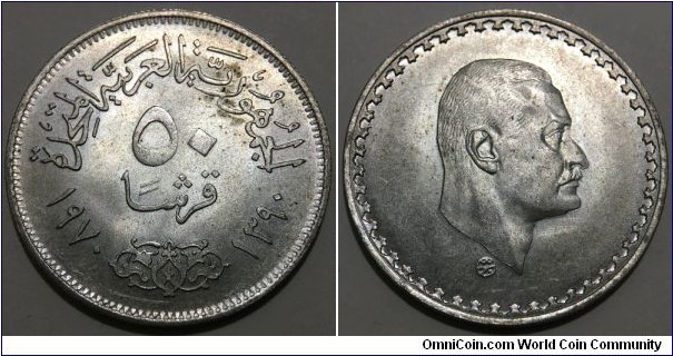 50 Piastres / Qirsh (United Arab Republic / Commemorative issue - President Nasser // SILVER 0.720 / 12.5g / ⌀33mm / Mintage: 400.000 pcs)