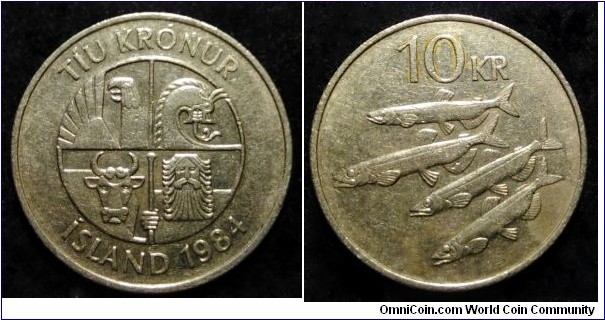 Iceland 10 krónur.
1984, Cu-ni (II)
