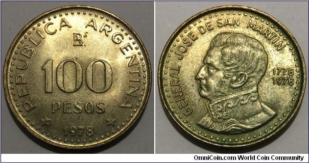 100 Pesos (Argentine Republic / 200th Anniversary of Jose de San Martín's birth // Aluminium-Bronze) 