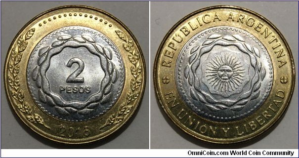 2 Pesos convertible (Argentine Republic // Bimetallic: Copper-Nickel centre - Aluminium-Bronze ring) 