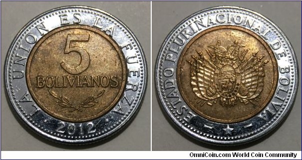 5 Bolivianos (Plurinational State of Bolivia / Bimetallic: Bronze plated Steel centre - Stainless Steel ring)