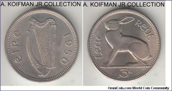 KM-12a, 1950 Ireland 3 pence; copper-nickel, plain edge; average uncirculated.