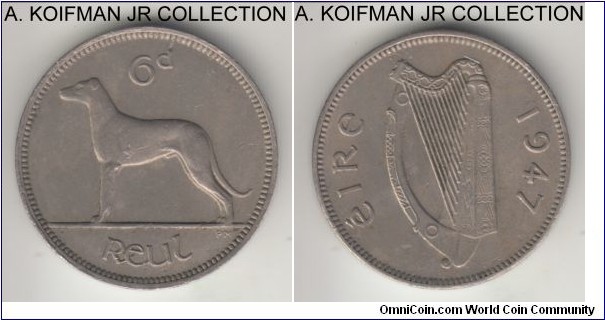 KM-13a, 1947 Ireland 6 pence; copper-nickel, plain edge; smaller mintage and only denomination struck that year, good extra fine, toned.