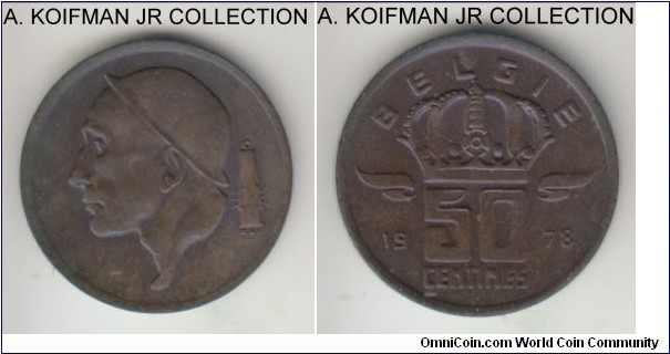 KM-149.1, 1978 Belgium 50 centimes; bronze, plain edge; Baudouin I, Dutch (Flemish) variety BELGIE, brown uncirculated.