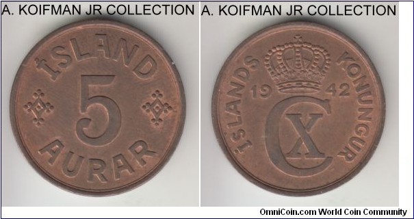 KM-7.2, 1942 Iceland 5 aurar; bronze, plain edge;  Christian X, common issue, almost uncirculated.