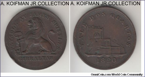 KM-Tn9, 1820 Gibraltar 2 quartos token; copper, slant grained edge; James Spittle token, extra fine or about, nice for the type.