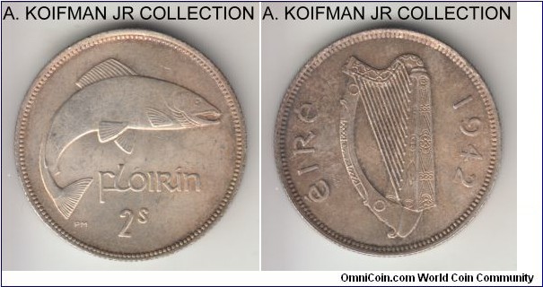 KM-15, 1942 Ireland florin; silver, reeded edge; small mintage of 109,000 but relatively common, toned choice uncirculated.