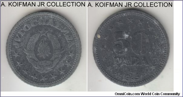 KM-25, 1945 Yugoslavia 50 para; zinc, reeded edge; first Federal Republic coinage, 1-year type, uncirculated details, dark toned and covered in zinc oxidation.