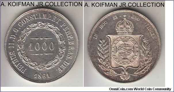 KM-465, 1861 Brazil (Empire) 1000 reis; silver, reeded edge; Pedro II, uncirculated details, likely cleaned.