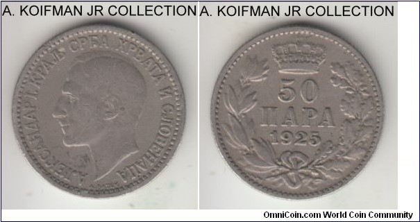 KM-4, 1925 Yugoslavia (Kingdom) 50 para, Poissy (France) mint (thunderbolt mint mark); nickel-bronze, reeded edge; Alexander I as a ruler of United Kingdom, 1-year type, very fine or about.