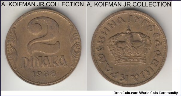 KM-20, 1938 Yugoslavia (Kingdom) 2 dinara; aluminum-bronze, plain edge; Petar II, large crown variety, 1-year type, extra fine or so.