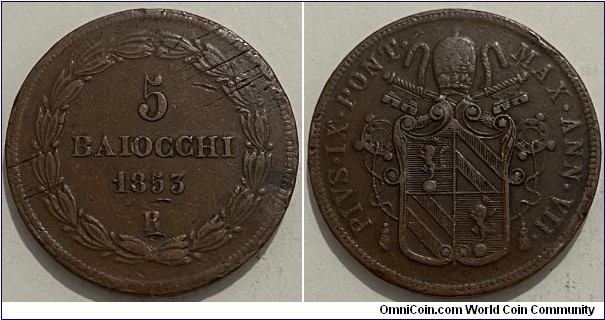 5 Baiocchi (Papal States / Pope Pius IX // Copper 42g / ⌀40mm) 