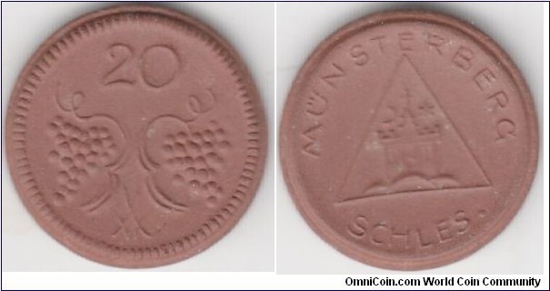 German States Notgeld 20 pfennig Meissen porcelain Munsterberg, Lower Silesia. Now callled Ziebice in Poland