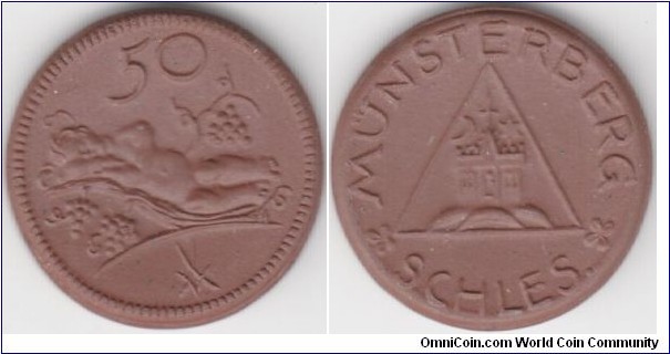 German States Notgeld 50 pfennig Meissen porcelain Munsterberg, Lower Silesia. Now callled Ziebice in Poland