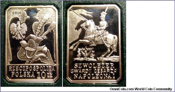 Poland 10 złotych.
2010, History of the Polish Cavalry - Chevau-Légers of the Imperial Guard of Napoleon I. Ag 925. Weight; 14,14g. Mintage: 100.000 pcs.