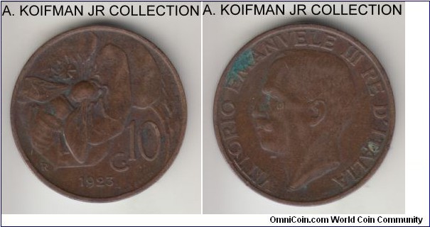 KM-60, 1923 Italy 10 centesimi, Rome mint (R mint mark); copper, plain edge; Vittorio Emmanuele III, common year, average very fine details, few obverse spots.