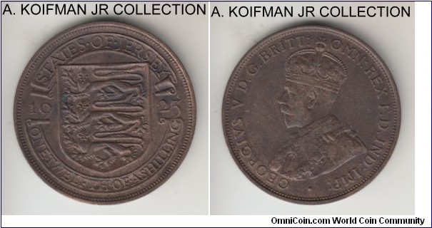 KM-14, 1923 Jersey 1/12'th of a shilling; bronze, plain edge; George V, second type with modified shield, brown uncirculated or almost.