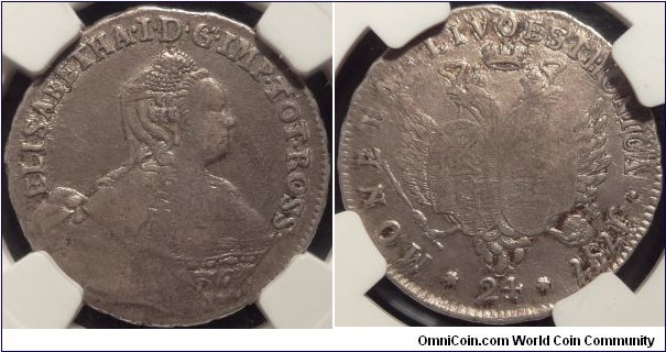 AR 24 kopeck 1757 for circulation in the Baltic provinces of Livonia and Estonia. NGC XF-40
Ex - https://www.m-dv.ru/en/catalog/p,377977/image.html
Ex - https://www.m-dv.ru/en/catalog/p,402905/image.html