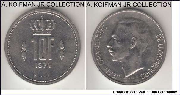 KM-57, 1974 Luxembourg 10 francs; nickel, reeded edge; Grand Duke Jean, circulation issue, about extra fine.
