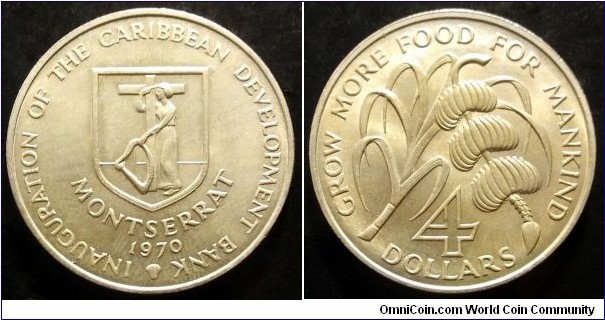 Montserrat 4 dollars. 1970, Inauguration of the Caribbean Development Bank / F.A.O. issue. Cu-ni. Mintage: 13.000 pieces. Second piece in my collection.