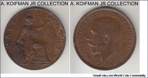 KM-809, 1920 Great Britain 1/2 penny; bronze, plain edge; George V, 1'st portrait, brown uncirculated or almost, mixed toning.