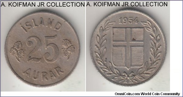 KM-11, 1954 Iceland 25 aurar; copper-nickel, reeded edge; Christian X, good extra fine, toned obverse and a small bit of gunk on reverse but little wear.