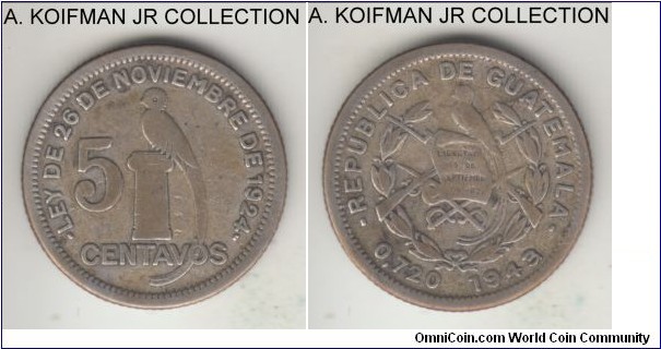 KM-238.2, 1943 Guatemala 5 centavos, Philadelphia (US) mint; silver, reeded edge; average good fine to about very fine.