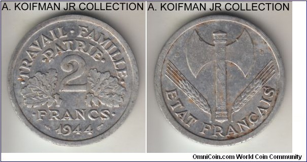 KM-904.2, 1943 France 2 francs, Beaumont mint (B mint mark); aluminum, plain edge; Vichy French State issue, very fine or so.