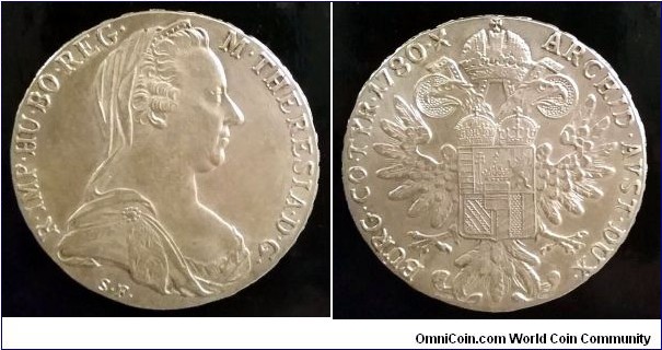 Maria Theresa 1 thaler 1780. Modern restrike. Ag 833. Weight; 28,06g. Diameter; 42mm.