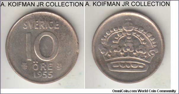 KM-823, 1955 Sweden 10 ore; silver, plain edge; Gustaf V, uncirculated, small flan imperfection or abrasion.