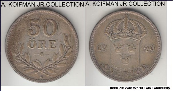 KM-788, 1929 Sweden 50 ore; silver, reeded edge; Gustaf V, average circulated good fine to very fine.