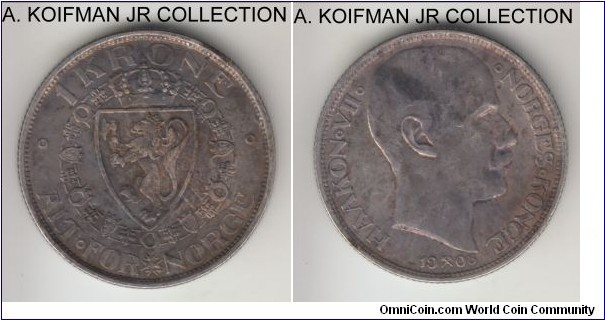 KM-369, 1908 Norway krone; silver, reeded edge; Haakon VII, circulation issue, no shield variety, darker toned extra fine.
