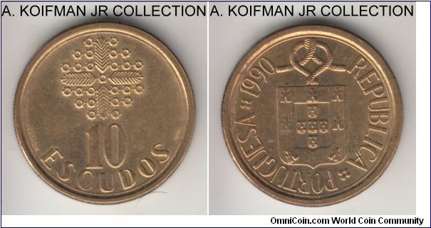 KM-633, 1990 Portugal 10 escudos; nickel-brass, reeded edge; circulation strike, last pre-euro type, uncirculated, few carbon spots.