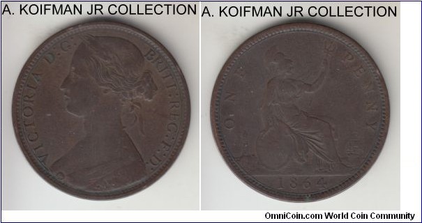 KM-749.2, 1864 Great Britain penny; bronze, plain edge; Victoria, one of the scarcer dates, crosslet 4 in the date, not an expert in Victoria copper, but looks very fine or almost to me.