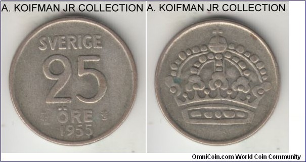 KM-824, 1955 Sweden 25 ore; silver, plain edge; Gustaf VI, average circulated very fine or slightly better for the type.