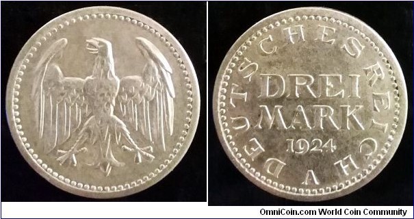 Germany (Weimar Republic) 3 mark. 1924 A - Berlin. Ag 500. Weight; 15g. Diameter; 30mm.