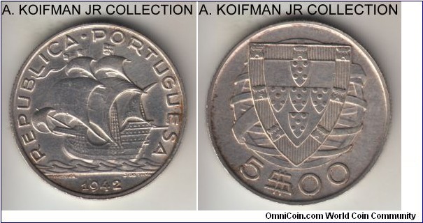 KM-581, 1942 Portugal 5 escudos; silver, reeded edge; World war period issue, good extra fine, old light cleaning.