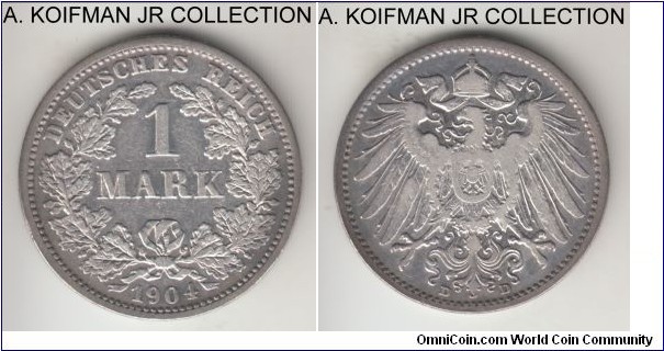KM-14, 1904 Germany (Empire) mark, Munich mint (D mint mark); silver, reeded edge; Wilhelm II, fine reverse and much better good very fine obverse, old cleaning and polished.
